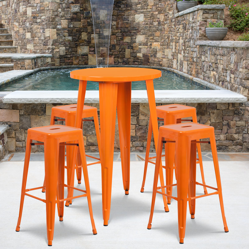 Colbert 30'' Round Metal Indoor-Outdoor Bar Table Set with 4 Square Seat Backless Stools, Orange, 41" H x 24" W x 24" L