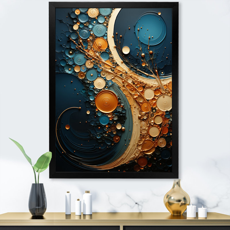 Neviah Gold Teal Abstract Spirals II, reproduction d'art sur toile, Cadre noir, H 44 po x l 34 po x P 1,5 po