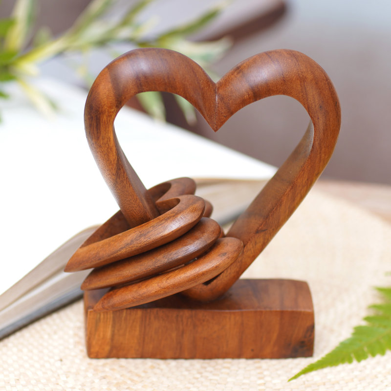 Heart Power Hand Carved Suar Wood Romantic Sculpture