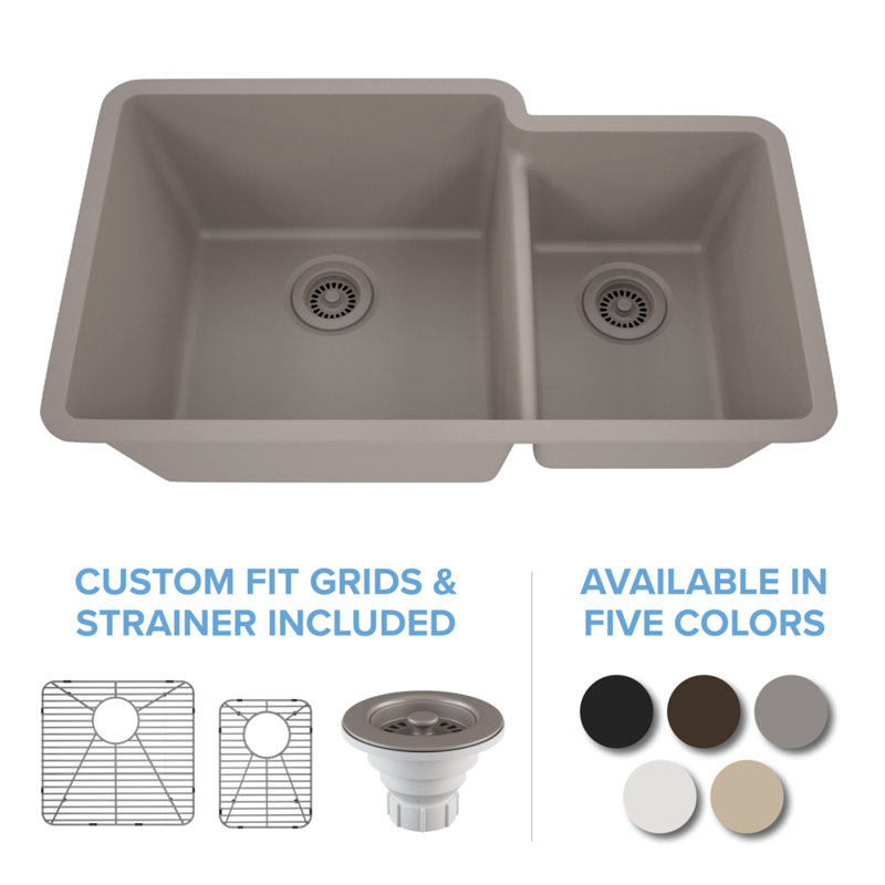 32" x 19" Platinum Quartz Kitchen Sink, 60/40 Double Bowl Sink, Drop-in Sink, Undermount Sink, Granite Kitchen Sink, Beige