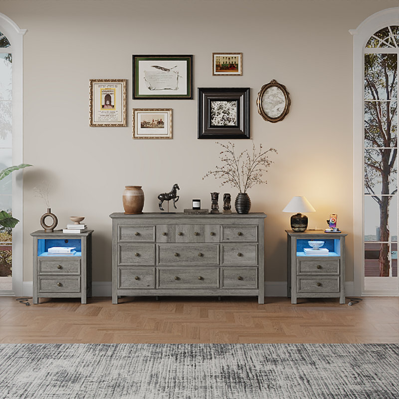 Ensemble de commode 3 pièces - commode 9 tiroirs et deux tables de chevet 2 tiroirs avec station de charge et DEL, gris délavé