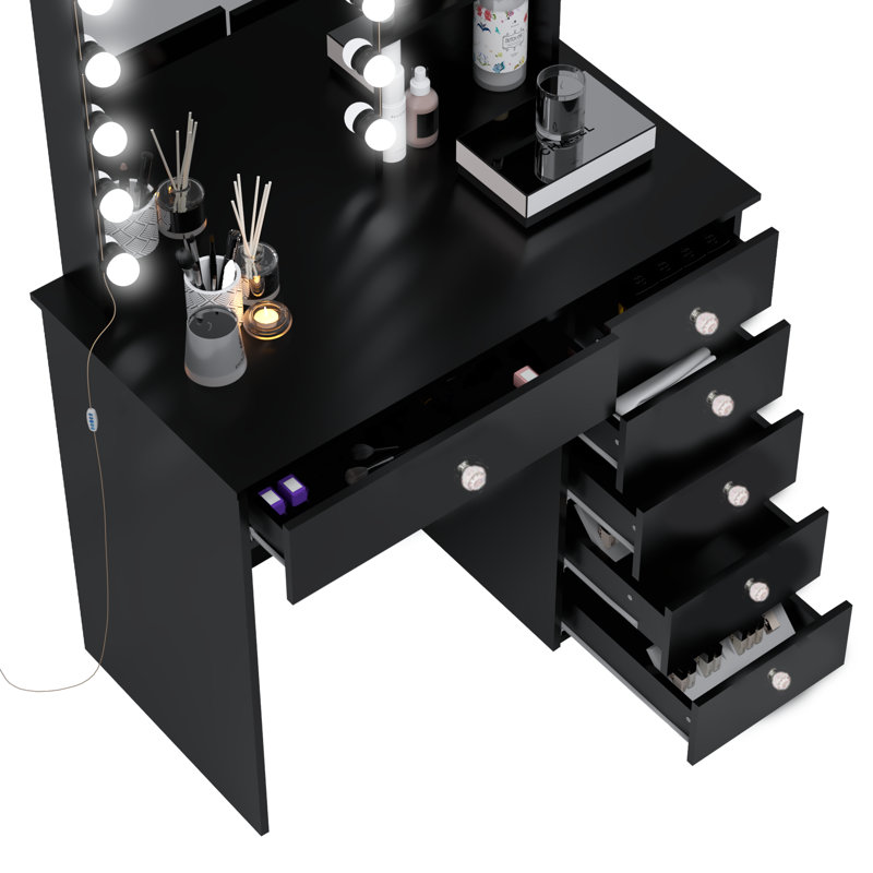 Boahaus Xanthe Lighted Makeup Vanity Desk with HD Mirror, 6 Drawers, and Add-On Lights, Black