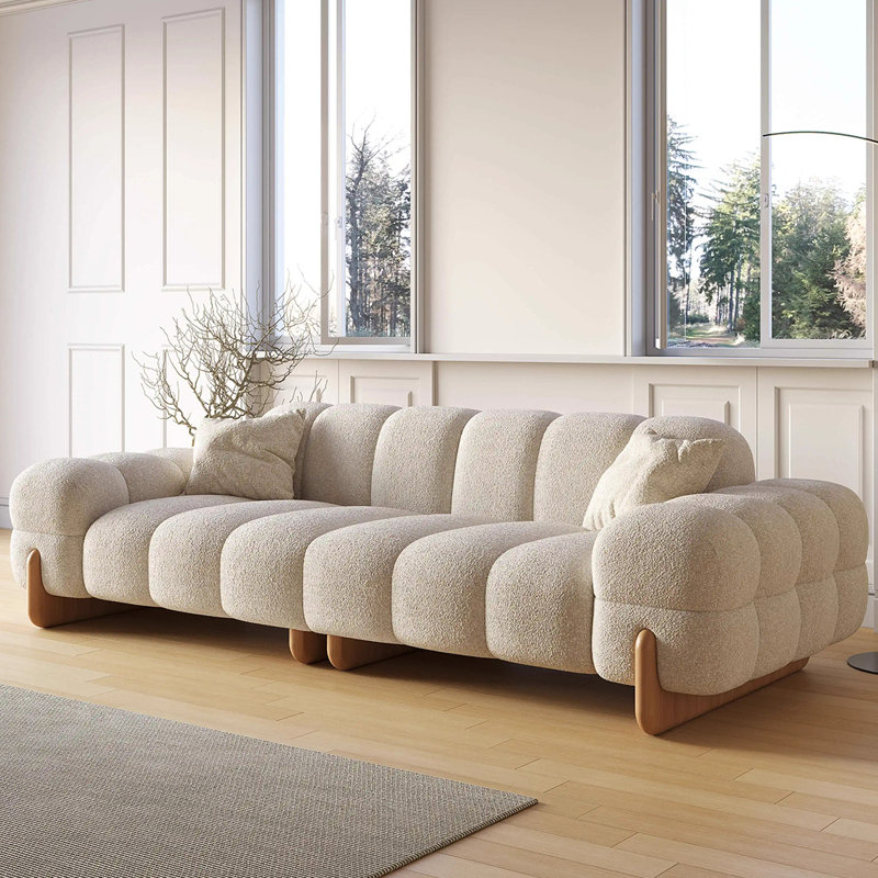 Log cream-style straight puff fabric sofa, 30" H x 122" W x 38.58" D, 4