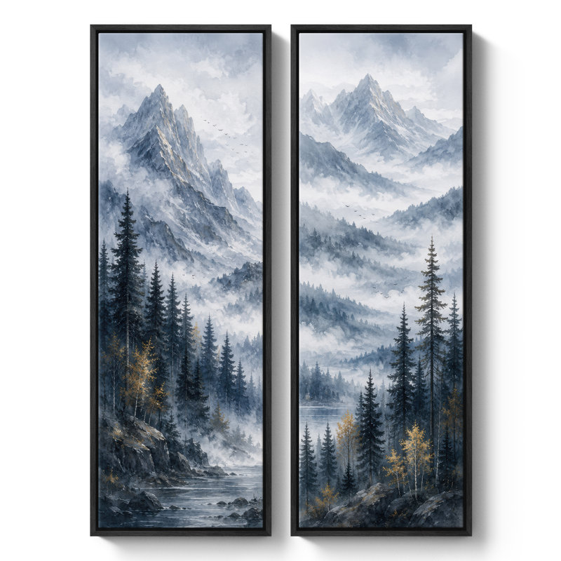 Forêt de pins brumeuse des montagnes, bleu-gris – Ensemble de 2 impressions d'art encadrées sur toile 60 po x 20 po x 2