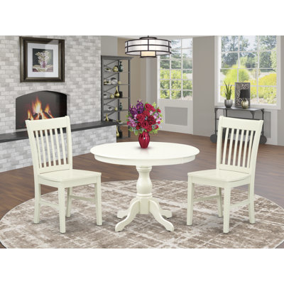 3 Piece Dining Room Furniture Set Contains a Round Kitchen Table with Pedestal and 2 Dining Chairs, Linen White