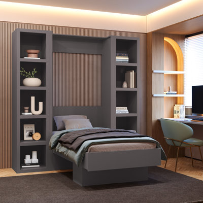 Lit escamotable Easy-Lift en grain de bois avec deux étagères