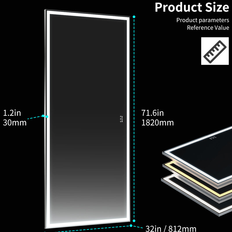 72x32 Inch Led Wall Mirror With Lights, 3 Color Modes, Waterproof, Aluminum Frame, For Bedroom Bathroom Living Room, Silver Large Full Length Mounted,
