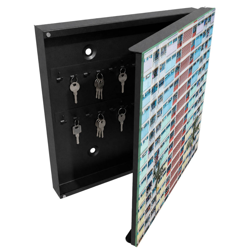 Key cabinet, Opens to the left, 30x30x5, Black, Colorful facades and palm trees as modern elegance, 