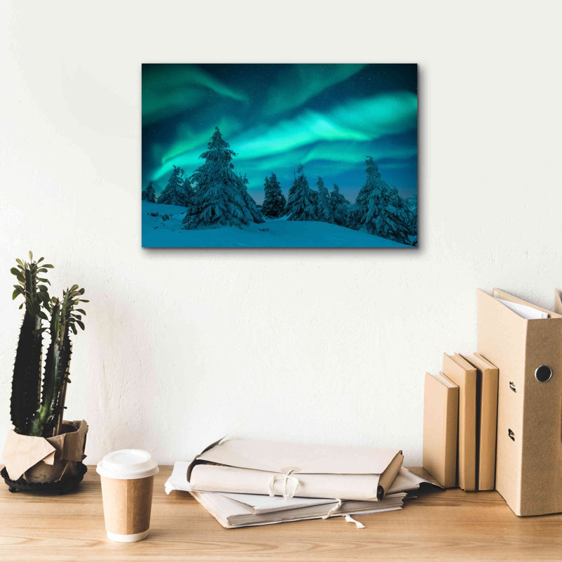 «Northern Lights In Winter Forest 2» par Epic Portfolio, estampe numérique sur toile, H 12 po x l 18 po x P 0,75 po