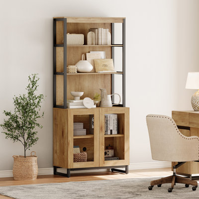 Modern 72" Tall Bookcase With Glass Doors And Adjustable Shelves, Library Book Shelf With Storage Cabinet And Open Book Shelfs, Wood Bookshelf For Home Office, Living Room, Oak