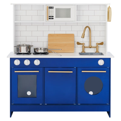 Teamson Kids Little Chef Berlin Wooden Play Kitchen with Gold Hardware, Accessories & Subway Tile Backsplash