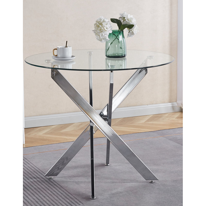 Table basse avec pieds en métal croisés et plateau en verre trempé, Argent argent