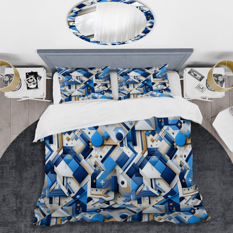 Ensemble de housse de couette à grille bleue et blanche Matrix, Housse de couette simple + 1 taie décorative stan