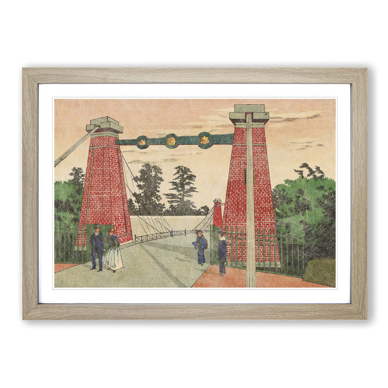 Suspension Bridge by Kobayashi Kiyochika - Picture Frame Painting Print, 36cm H x 48cm W x 2cm D, Oak Framed