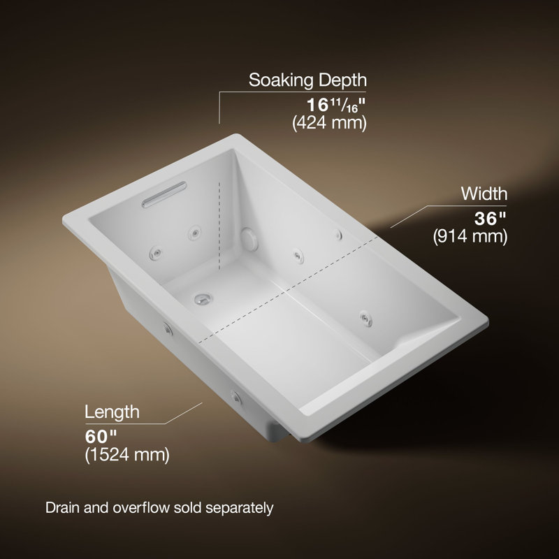 60-In x 36-In Heated Whirlpool Bath with Reversible Drain, Ice Grey