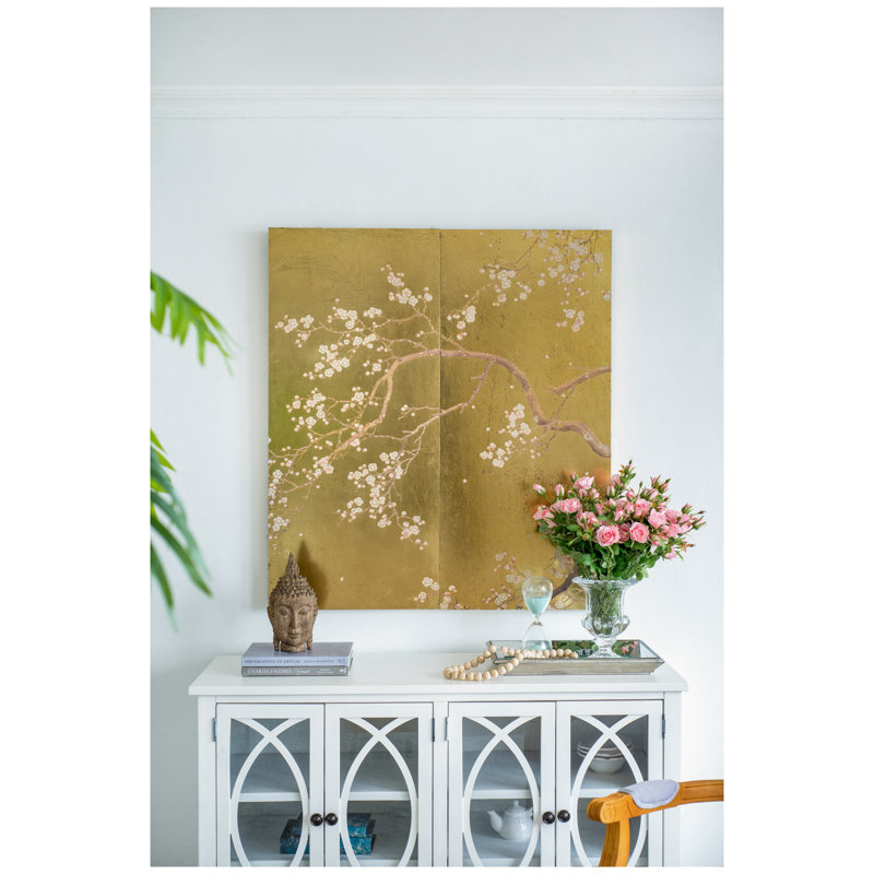 Ensemble de 2 panneaux d'art mural cerisier en fleurs, sculptures décoratives en bois aggloméré doré pour le salon et la chambre à coucher