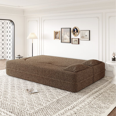 Modern Floor Sofa With 2 Pillows,Convertible Teddy Fabric Foam-Filled Sleeper Sofa Bed,15" Full Size Folding Mattress For Living Room,Guest Bed,Playroom,No Assembly Required,Brown