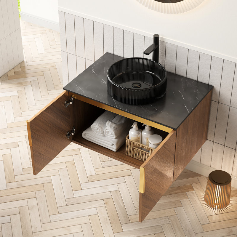 Meuble-lavabo de 30 po avec lavabo en cristal noir transparent, conception diagonale