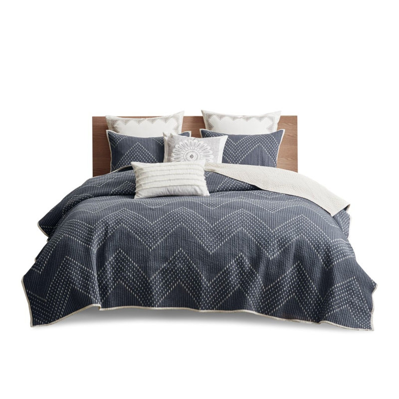 Luxurious Navy 3 Piece Cotton Quilt Set - Anti-microbial King, Full / Double Quilt + 2 Standard Shams