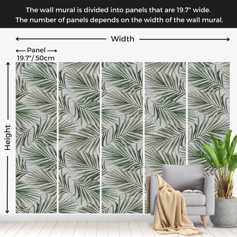Papier peint botanique - Motif de feuille verte, L 124 po x l 177 po