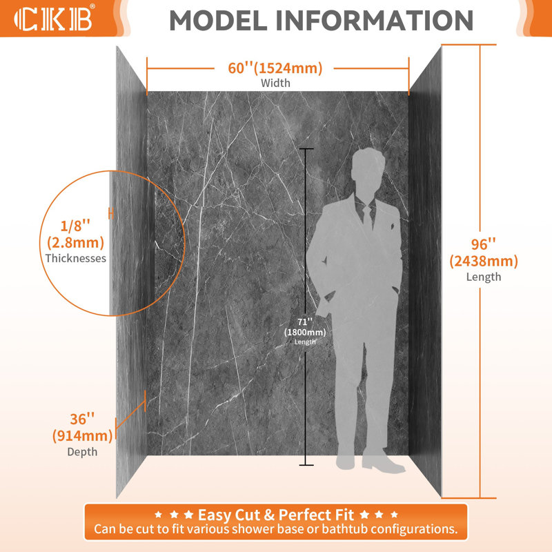 60"W x 36"D x 96"H Shower Wall Panel Surround Kit 3-Piece, Glue-Up Acrylic with 2 Corner Trims & 2 Edge Trims, Trimmable Waterproof Wall Panels, 2.8mm Thick