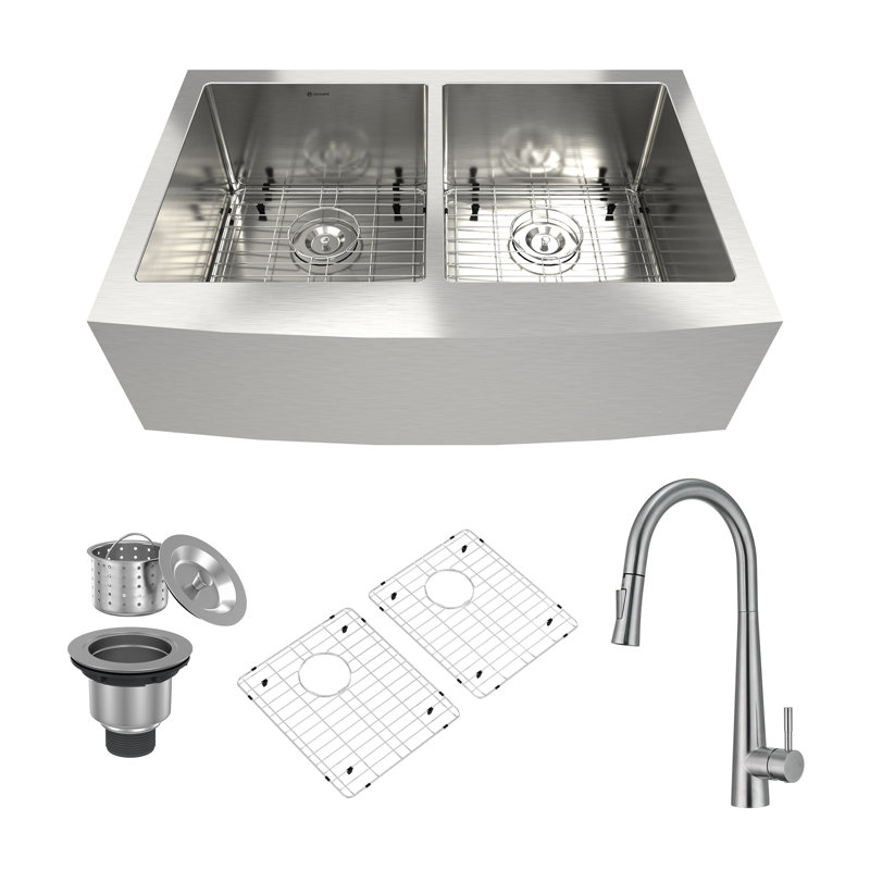 Évier de cuisine à double cuve en acier inoxydable avec robinet de cuisine L 33 po x l 22 po, Nickel brossé