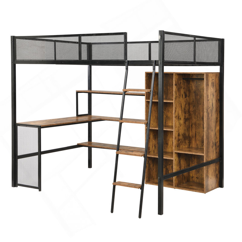Lit mezzanine double en métal avec bureau intégré, garde-robe et tablettes, noir
