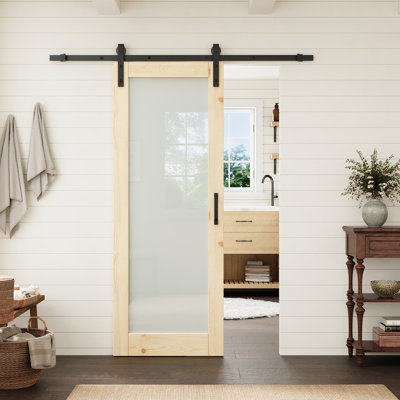 Porte vitrée dépolie 28 po x 80 po en pin massif avec quincaillerie noire de style grange pour garde-manger ou placard
