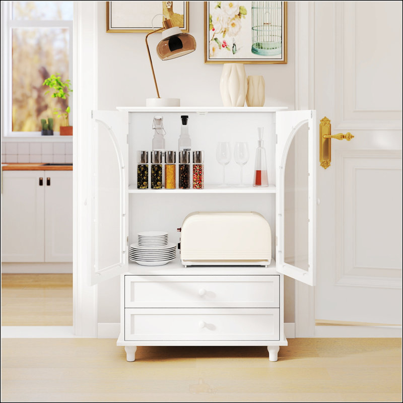 Armoire de rangement blanche de style campagne avec verre trempé arqué, plateau à niveaux et 2 tiroirs pour une organisation élégante à la maison