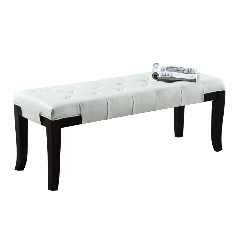 White Faux Leather Bench With Feature, Perfect For Bedroom, Living Room, And Foyer In White, Upholstery, Solid Hardwood Legs