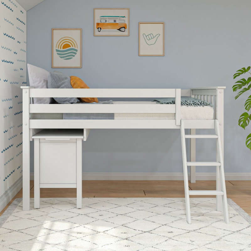 Dirrick Twin Solid Wood Low Loft Bed with Pull-Out Desk, White