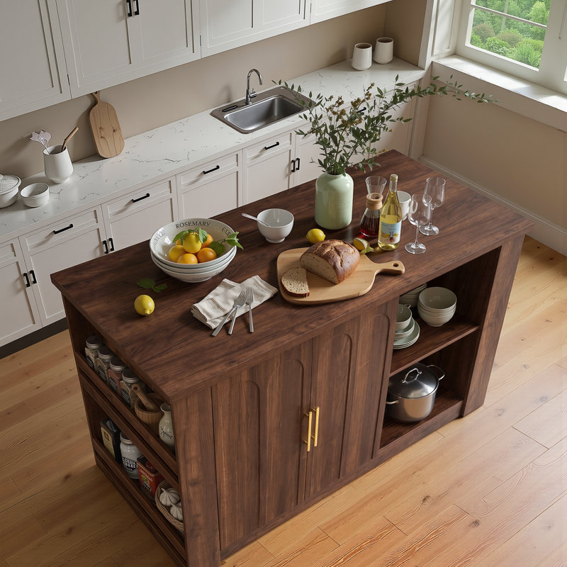 Îlot de cuisine moderne de 160 cm avec rangement, portes cintrées et étagères, noyer