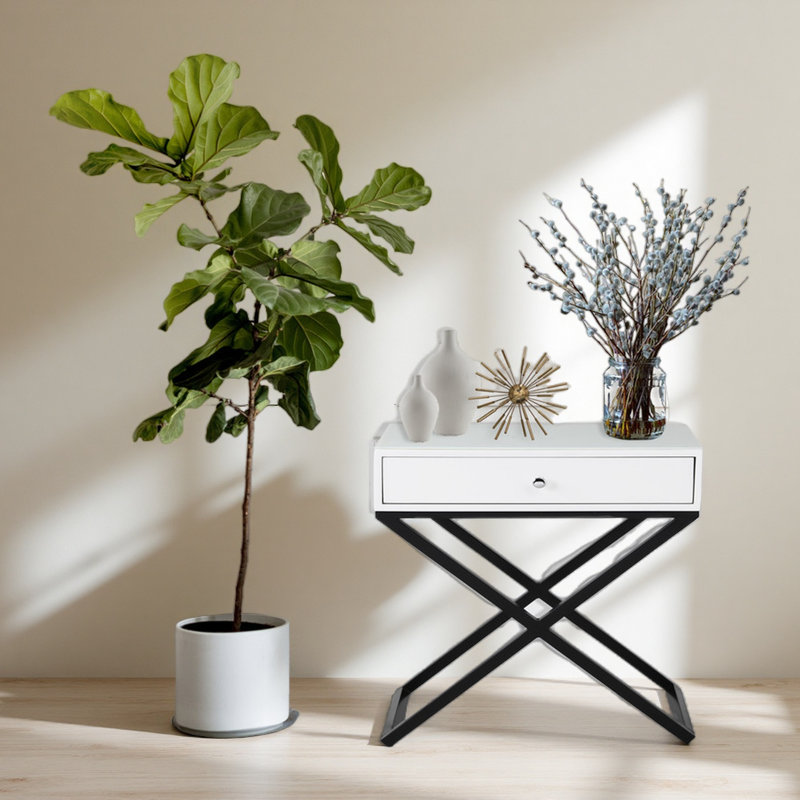 Table de chevet 23 po en bois avec plateau en verre, tiroir et base en métal, Blanc