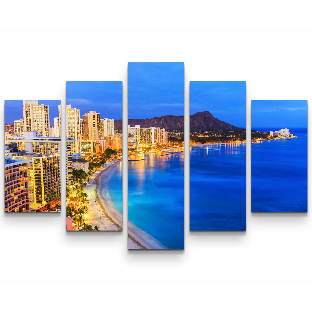 5-tlg. Leinwandbilder-Set Skyline Honululu Hawaii