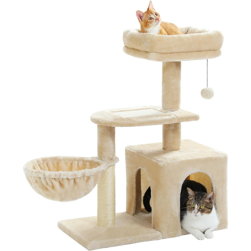 Arbre à chat pour petits chats d'intérieur, tour pour chat en peluche avec grand condo pour chat, hamac profond et poteau à griffer pour chat en sisal beige