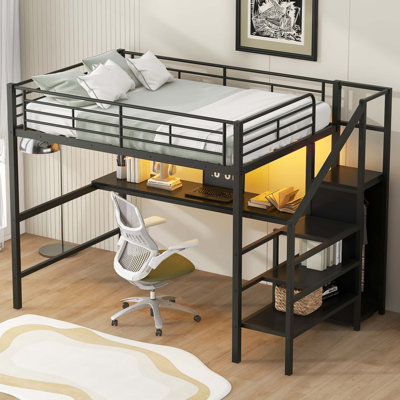 Full Size Metal Loft Bed With Desk, Storage Staircase, Small Wardrobe And LED Light