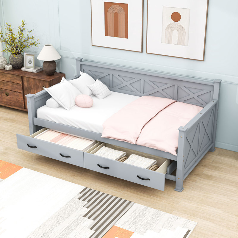 Lit de jour simple avec structure en forme de X et tiroirs de rangement, Gris