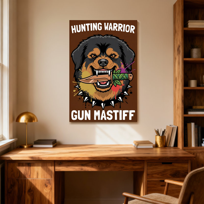 Chien chasseur d'animaux avec un couteau, H 18 po x l 12 po