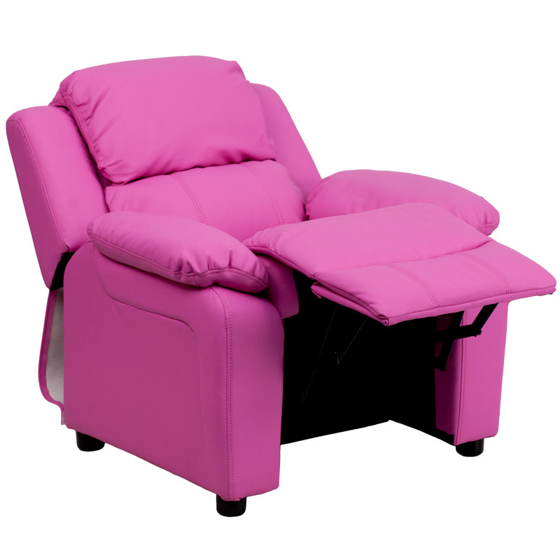 Deluxe Padded Contemporary Kids Recliner with Storage Arms, Vinyl - Hot Pink