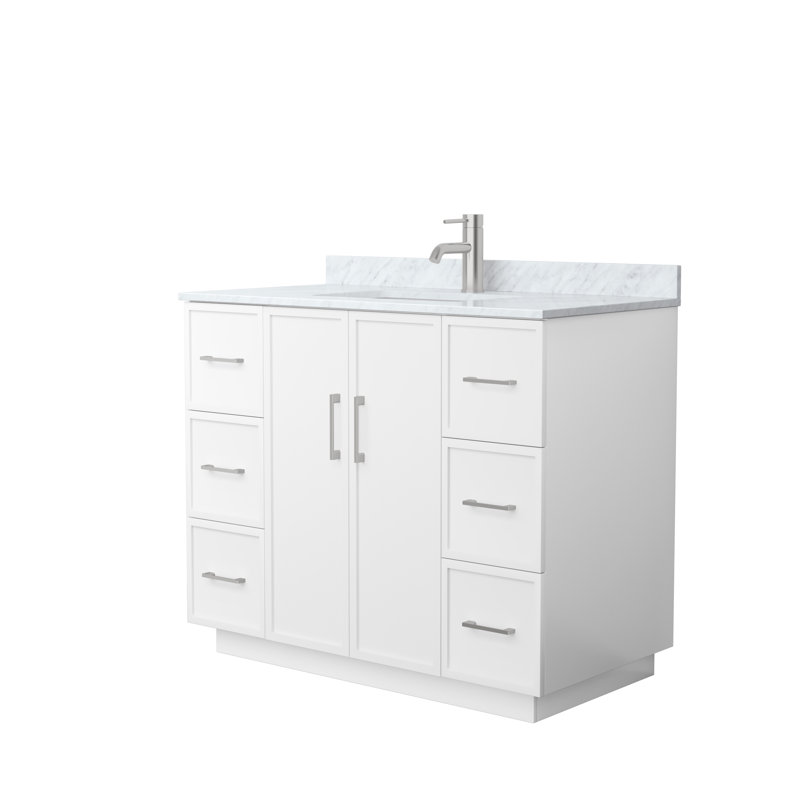 Meuble-lavabo simple autoportant avec plateau en marbre Elan TK, Blanc, Nickel brossé