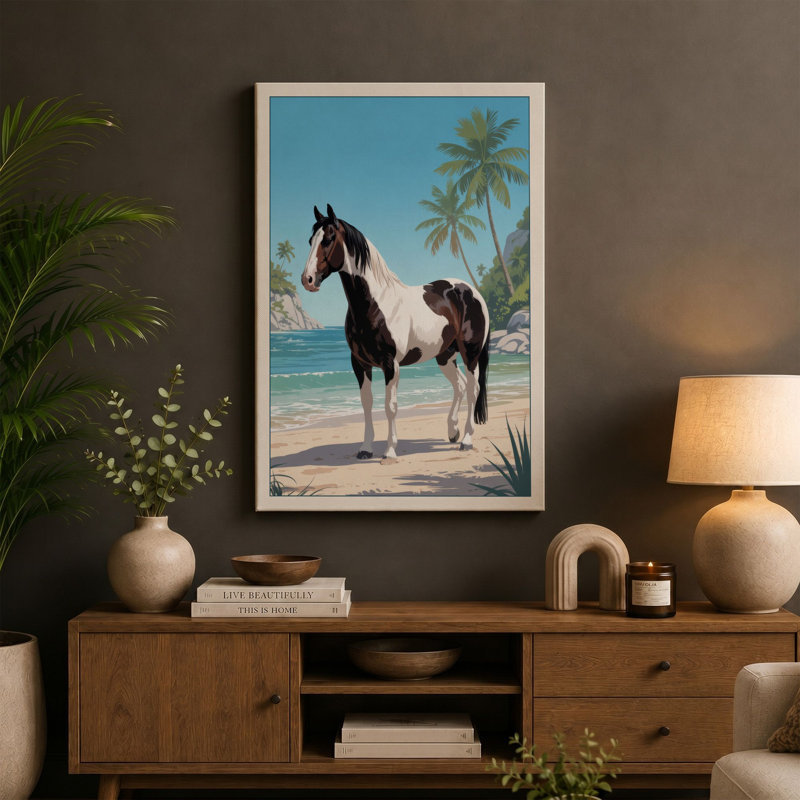 Horse on Tropical Shore Coastal - Wrapped Canvas, 30x20 - 76.2 x 50.8 cm, Teal Border
