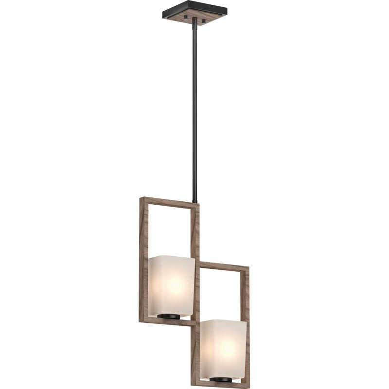 Paxton 2-Light Indoor Pecan & Black Square/Rectangle Chandelier with Frosted Glass Tapered Shades