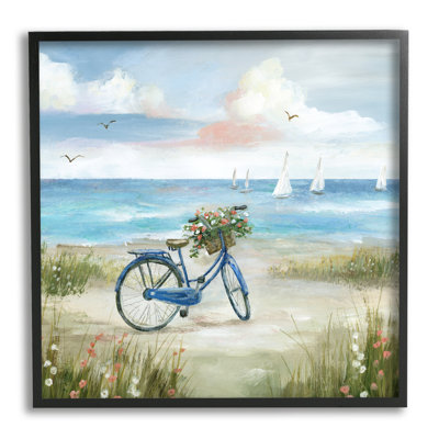 " Charming Blue Bicycle Floral Bouquet Distant Beach Sailboats " by Nan
