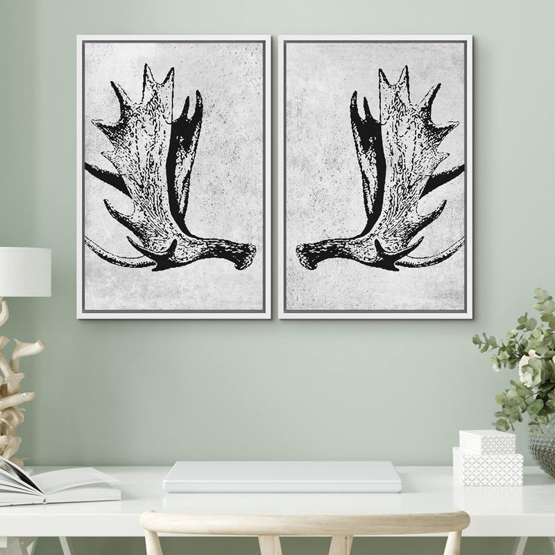 Formes abstraites de bois de cerf orignal noir et blanc, art moderne, décoration murale minimaliste, nordique, 2 pièces