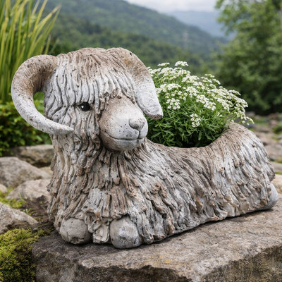 Jardinière d'extérieur, sculpture de mouton de montagne, résine crème et grise 15 pouces