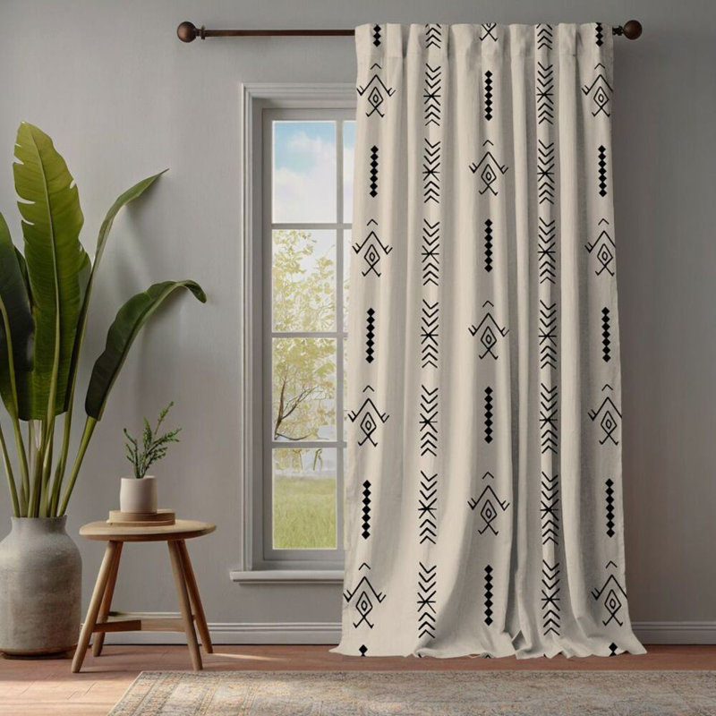 Ethnic Decor Pattern Lined Single Panel Curtain, 52" W x 95" L, Ecru