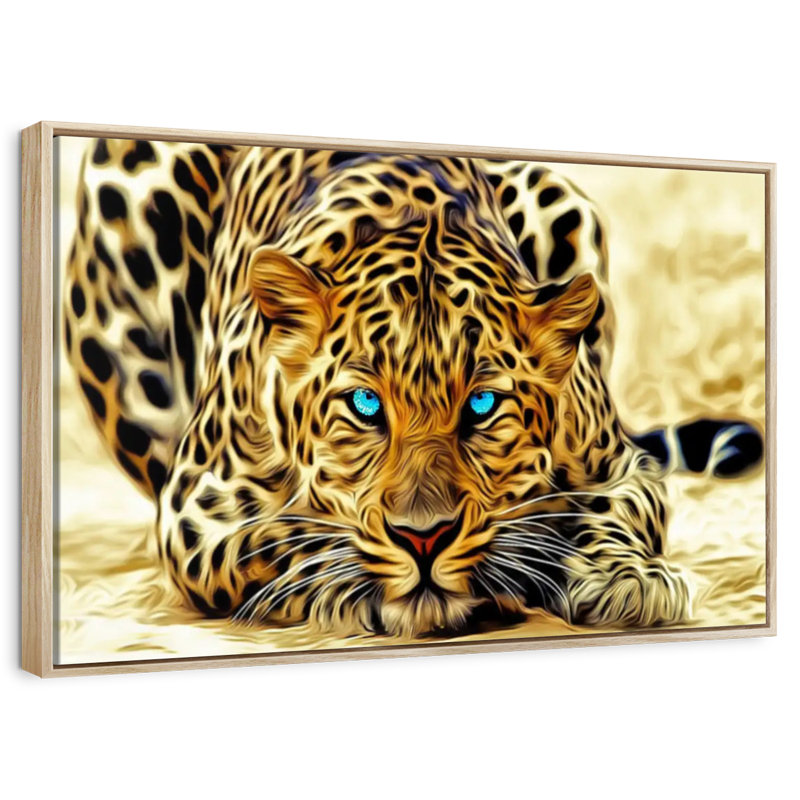 Jaguar aux yeux bleus, Cadre flottant en bois naturel, 37 po x 25 po