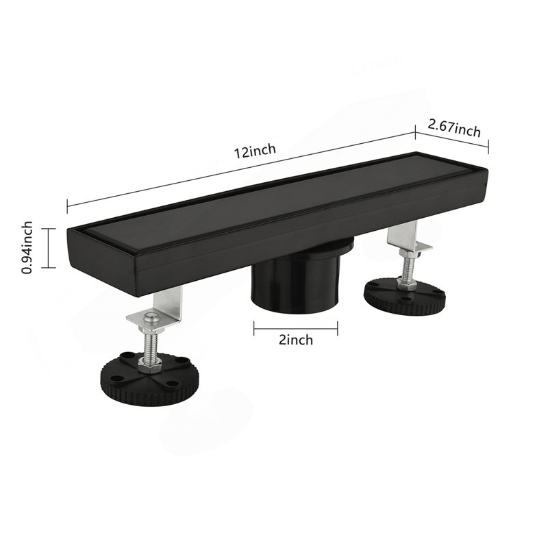 12 Inches Linear Shower Drain, Included Hair Strainer And Leveling Feet, Matt Black