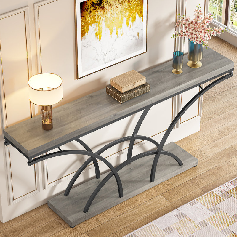 Mona 70.86'' Extra Long Console Accent Table for Entryway with Half-Moon Metal Frame, Grey/Black