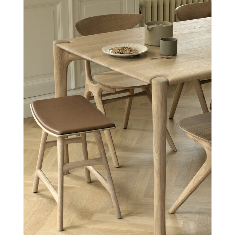 Osso Upholstered Stool with Solid Wood Frame, Varnished Oak/Brown